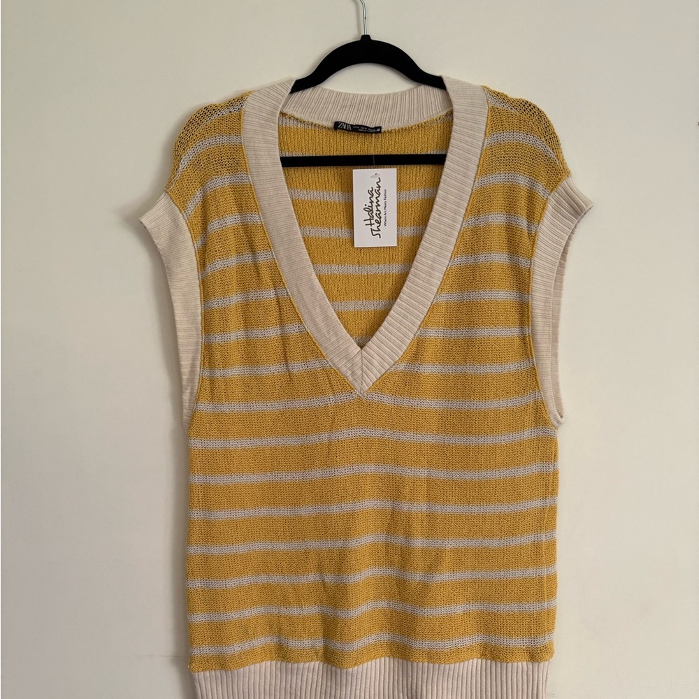 Yellow and White Striped Sleeveless Sweater